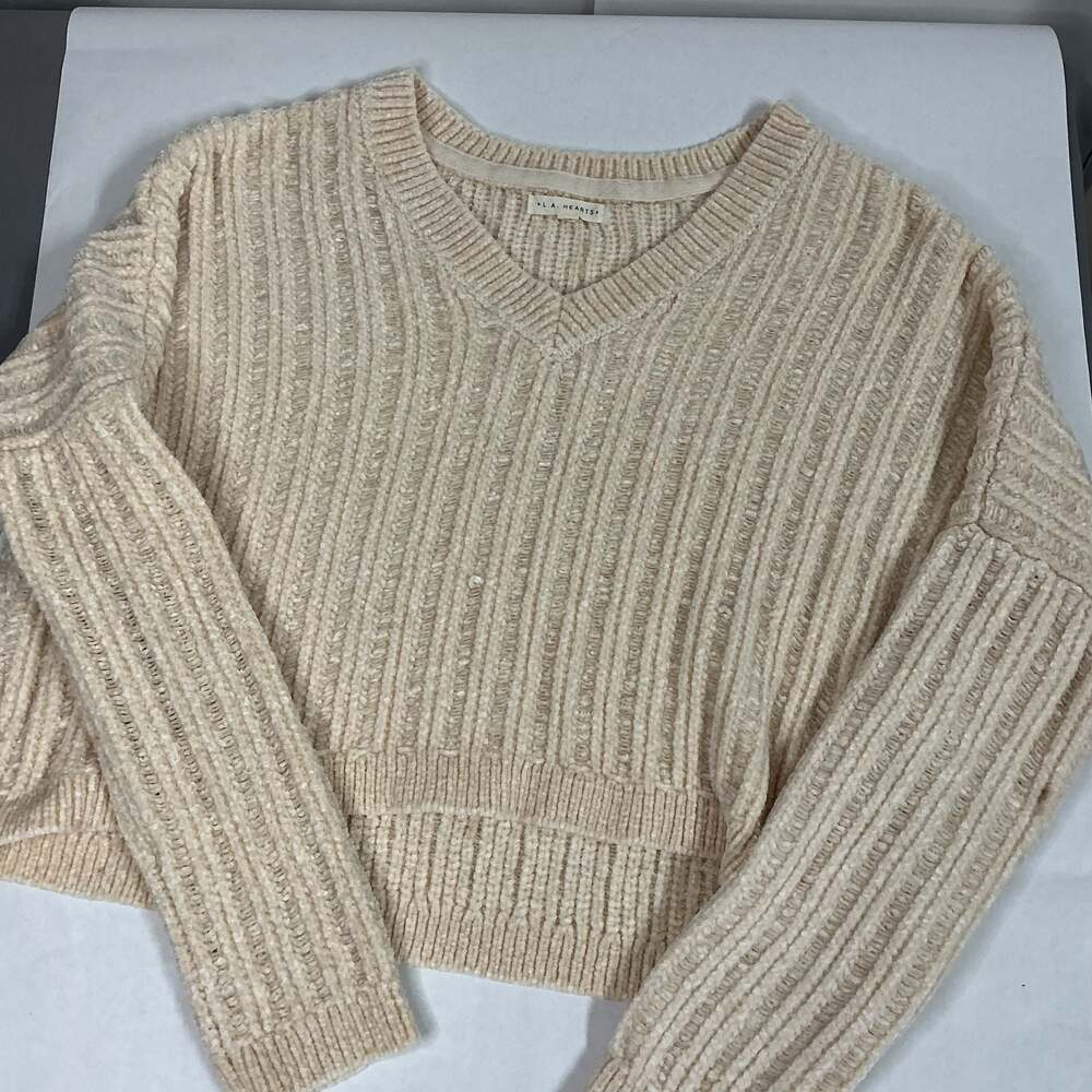 L.A. Hearts Women's Cream Chenille Ribbed V-Neck Cropped Sweater